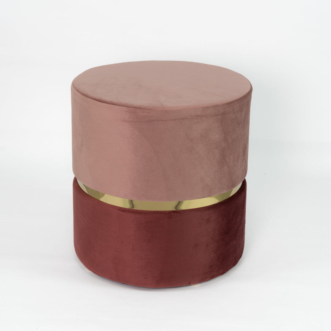 Pouf cilindro in velluto bicolore Rosa e Rosa Antico con fascia oro