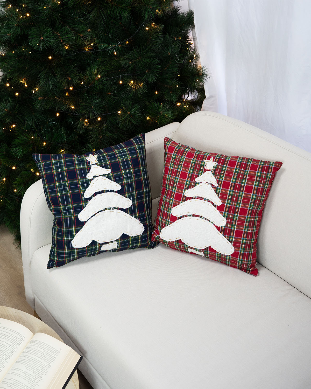 decorazione natalizia per la casa, cuscino federa natale tartan con albero di natale #colore_rosso