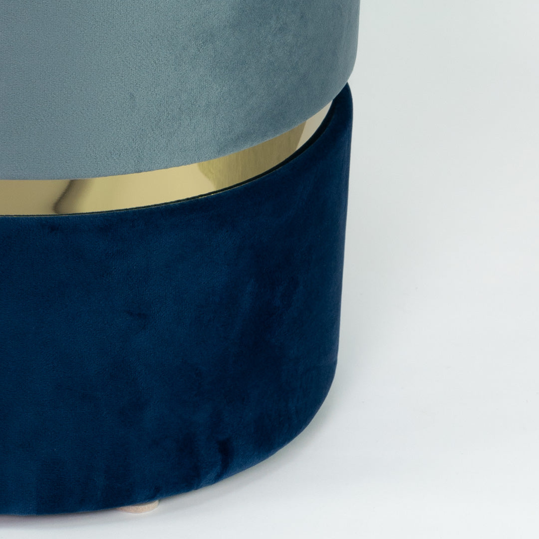 Pouf cilindro in velluto bicolore Azzurro Polvere e Blue con fascia oro