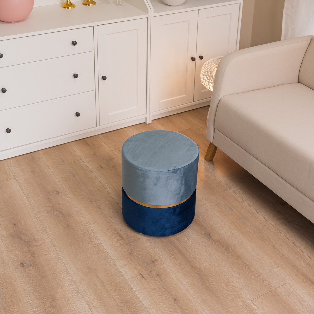 Pouf cilindro in velluto bicolore Azzurro Polvere e Blue con fascia oro