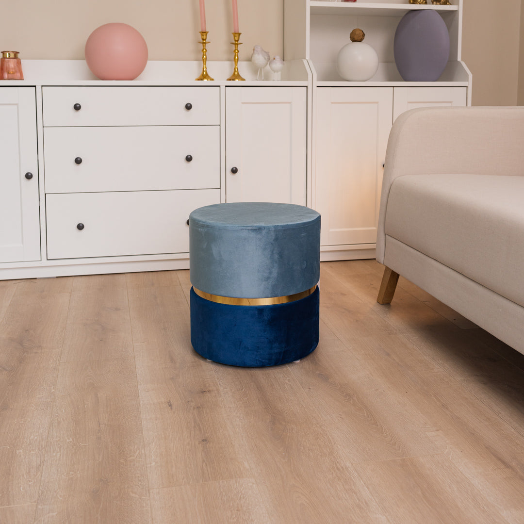 Pouf cilindro in velluto bicolore Azzurro Polvere e Blue con fascia oro