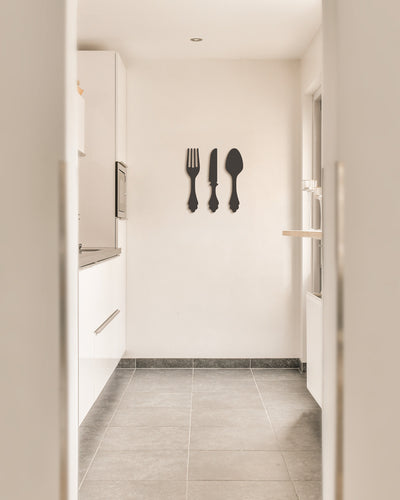 scritta da appendere da cucina, decorazione murale per la cucina, forma posate in legno, arredo moderno 