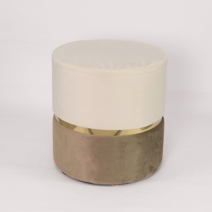 Cylinder pouf in two-tone beige and vanilla velvet with gold band