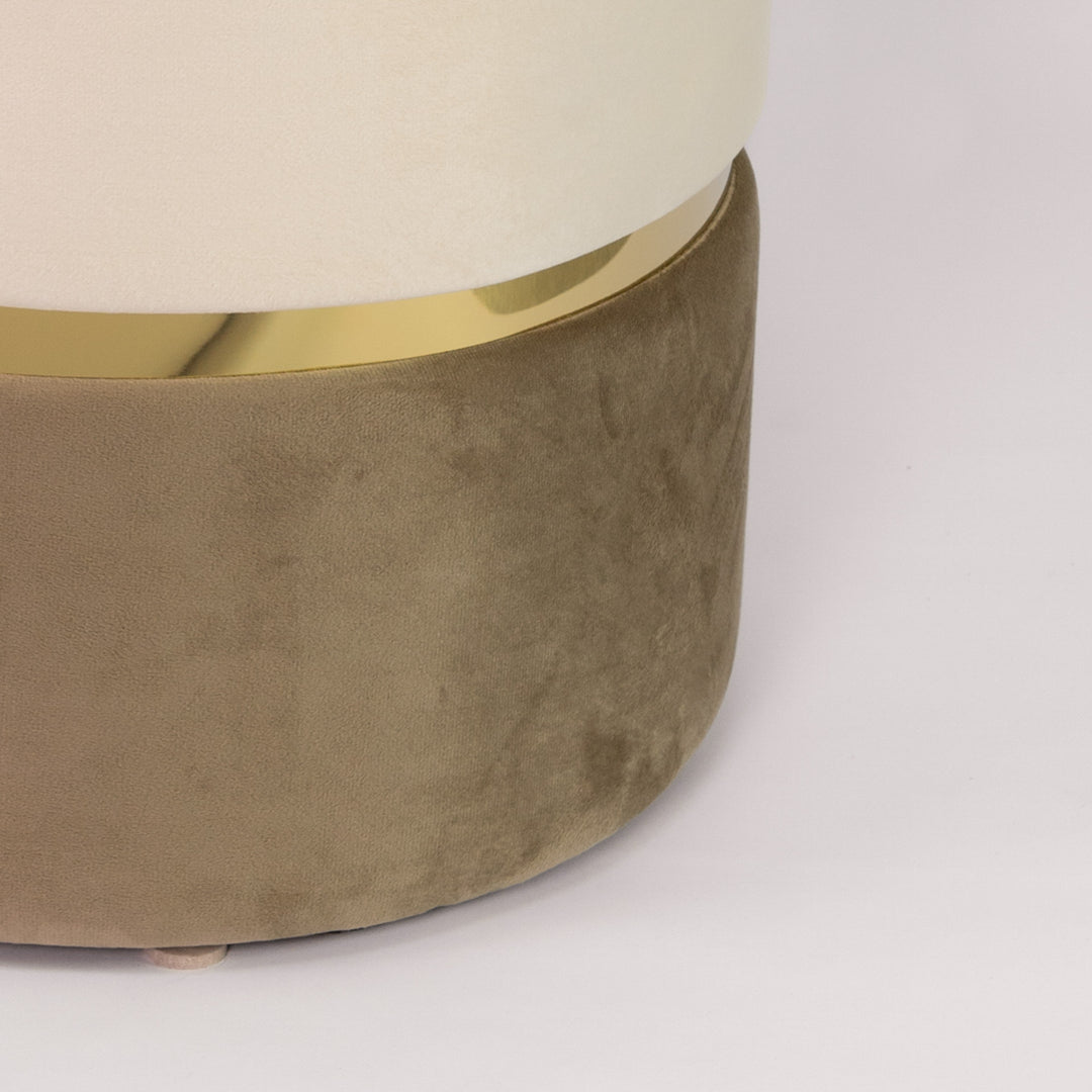 Cylinder pouf in two-tone beige and vanilla velvet with gold band