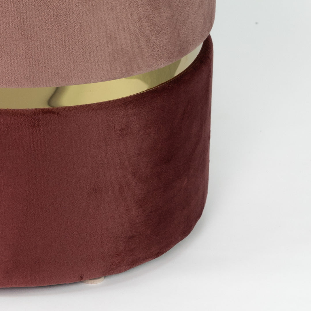 Cylinder pouf in two-tone pink and antique pink velvet with gold band