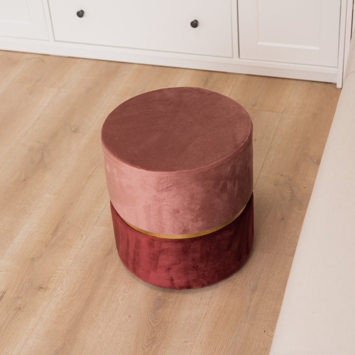 Cylinder pouf in two-tone pink and antique pink velvet with gold band