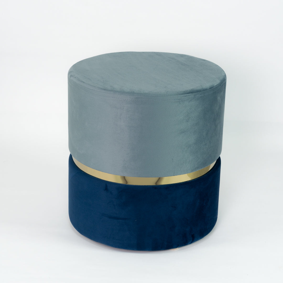 Pouf cilindro in velluto bicolore Azzurro Polvere e Blue con fascia oro
