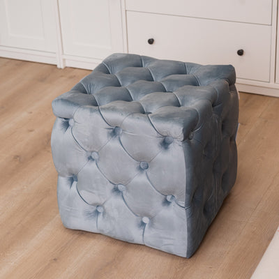 Pouf in Powder Blue quilted velvet