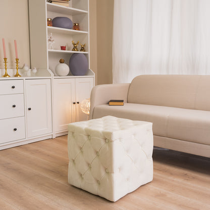 Pouf in Cream White quilted velvet