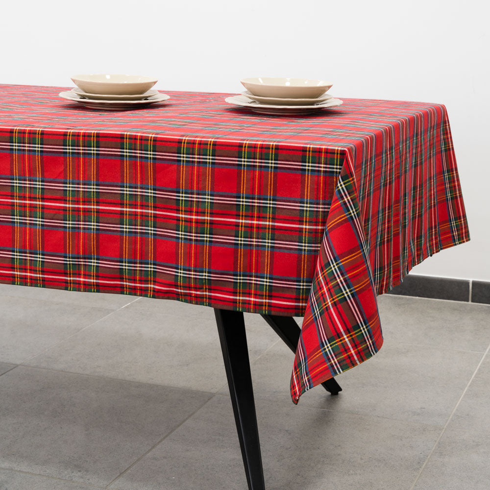 Red tartan tablecloth with gold thread