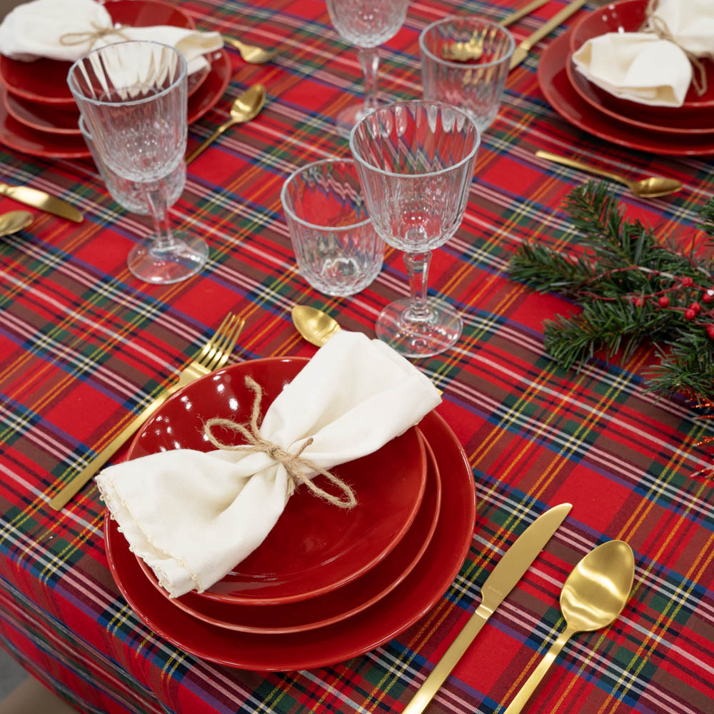 Red tartan tablecloth with gold thread