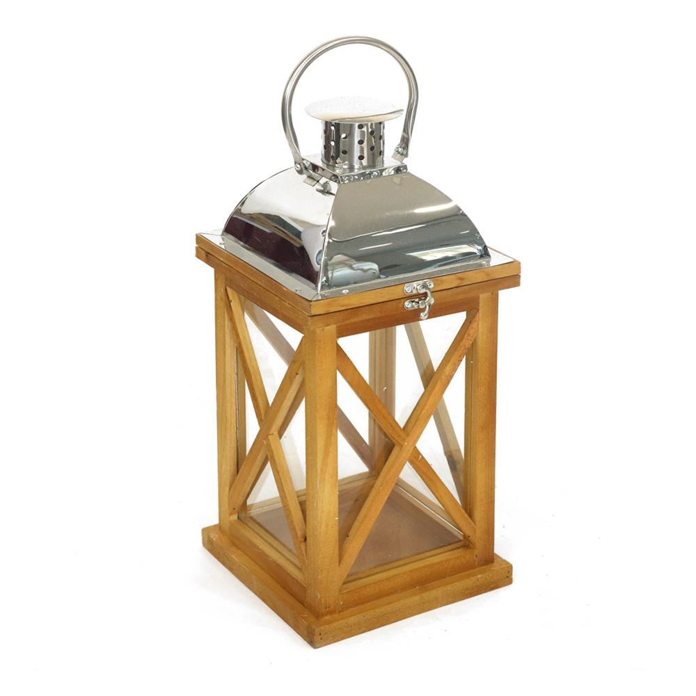 Lantern candle holder in wood and metal