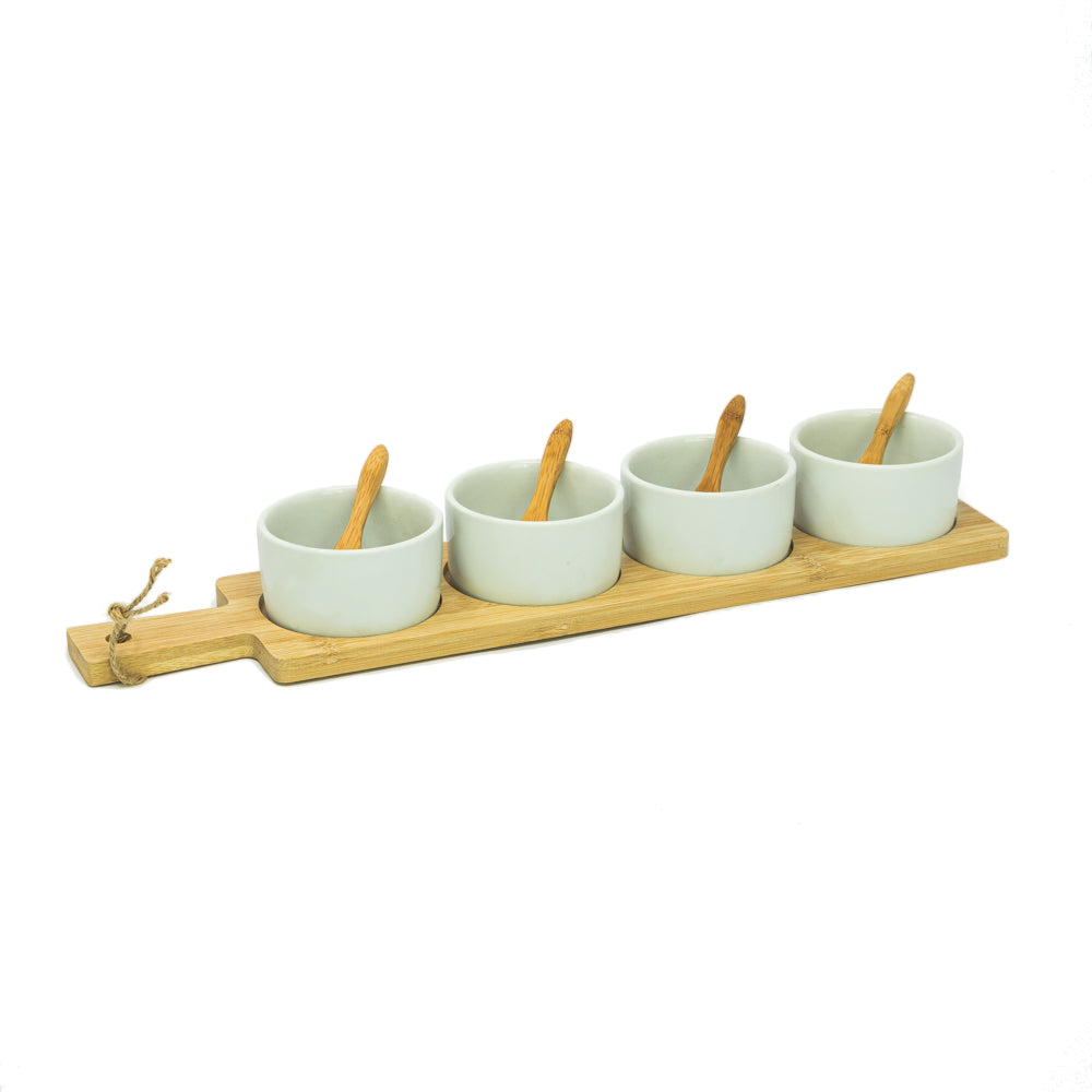 Set of 4 bowls with tray and teaspoons