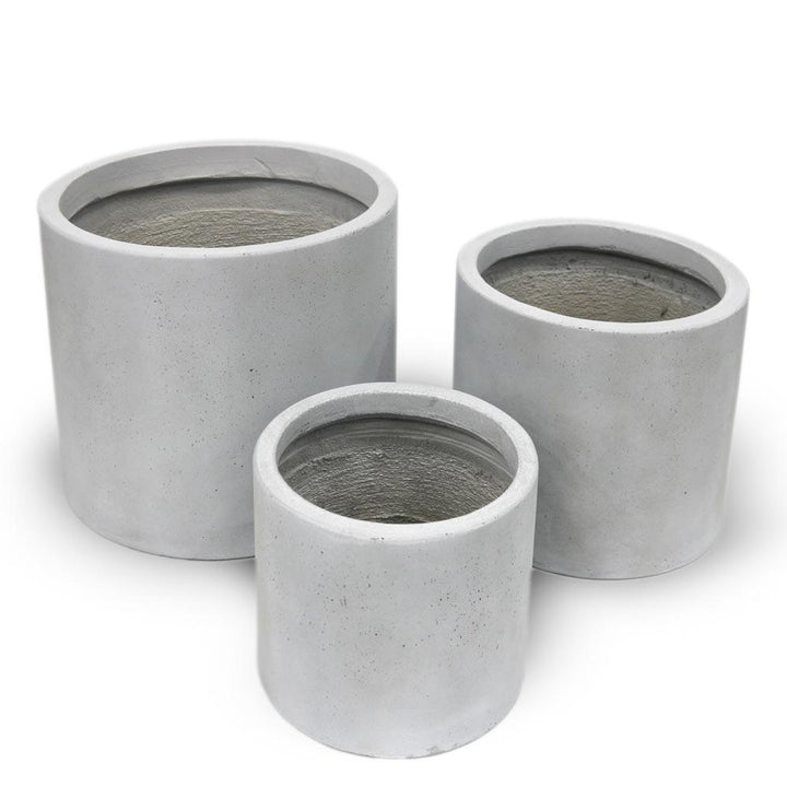 Set of 3 light gray round fiber cement vases