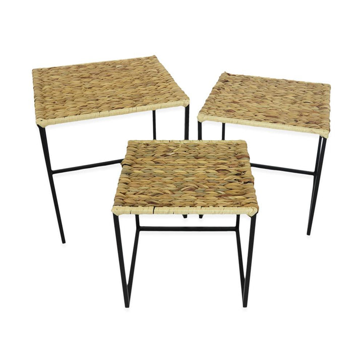 Set of 3 iron and straw tables