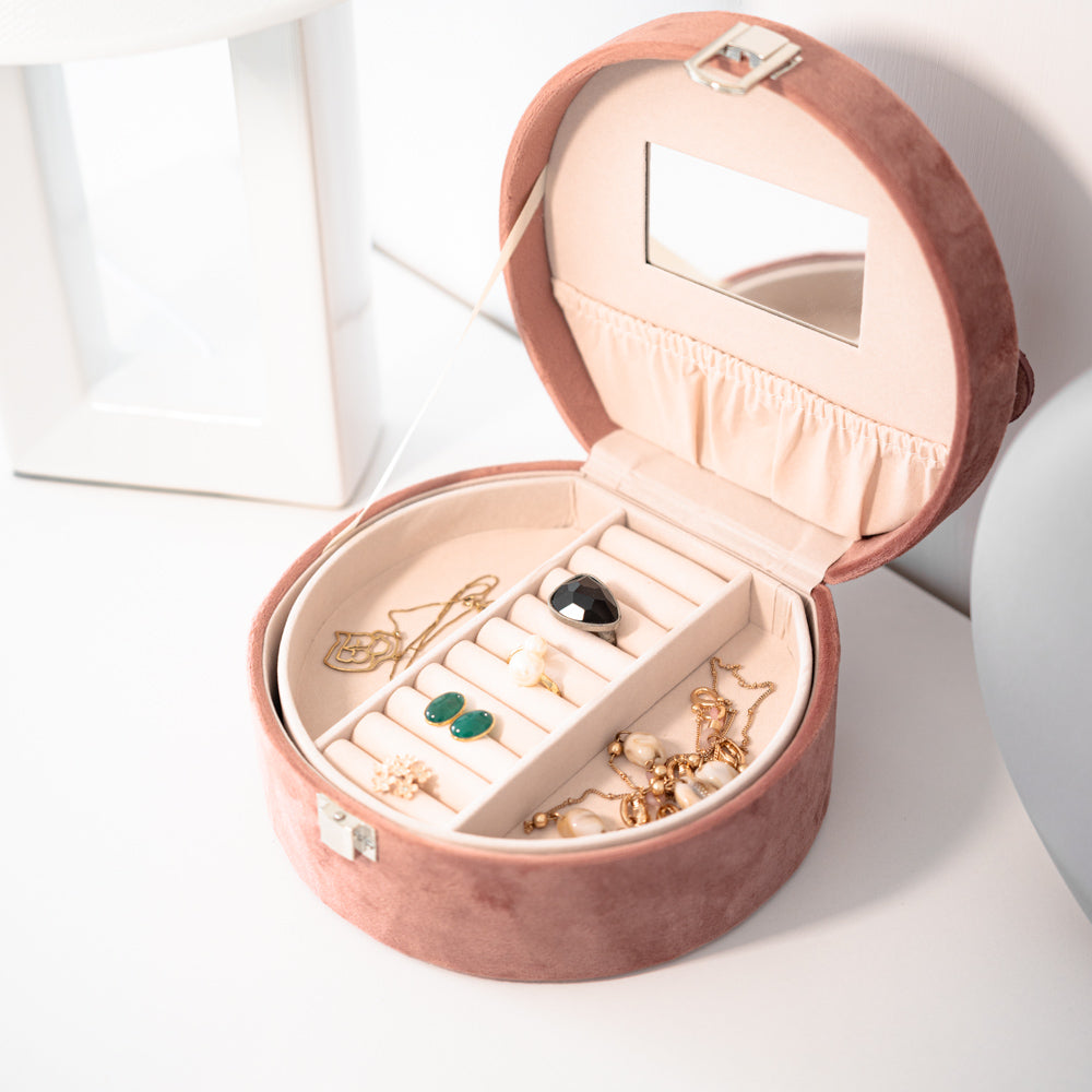 Pink velvet round jewelery box