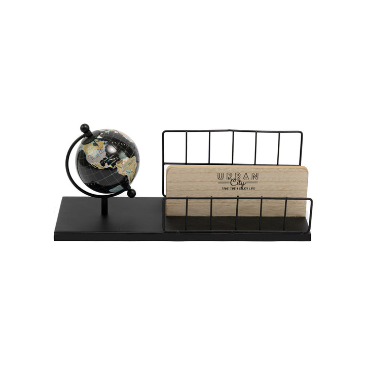 Wooden and metal card holder with world map