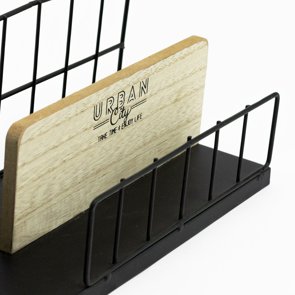 Wooden and metal card holder with world map