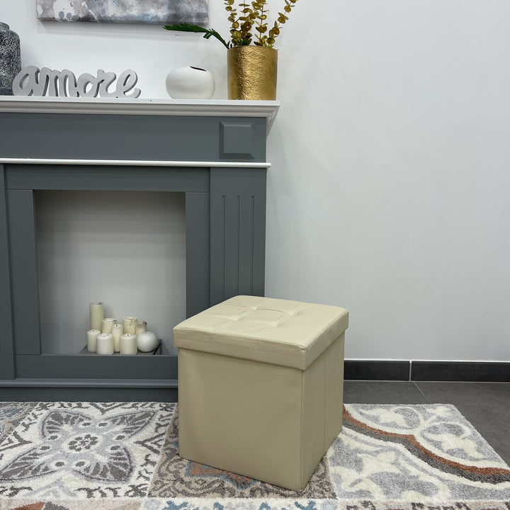 Beige Faux Leather Storage Pouf