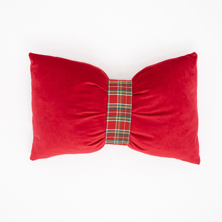 Velvet Bow Cushion with Tartan detail